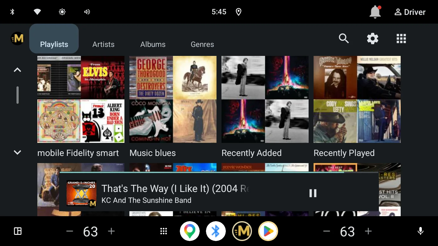 Browsing playlists in the car: a grid of playlist tiles built from real album art