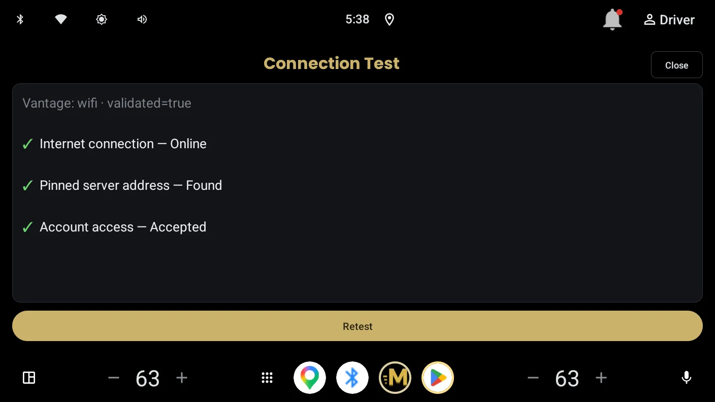 Momentum's built-in Connection Test showing three passing checks: internet connection, pinned server address, and account access