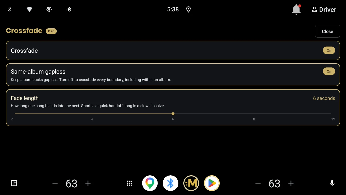 Crossfade settings: on/off, same-album gapless, and fade length slider