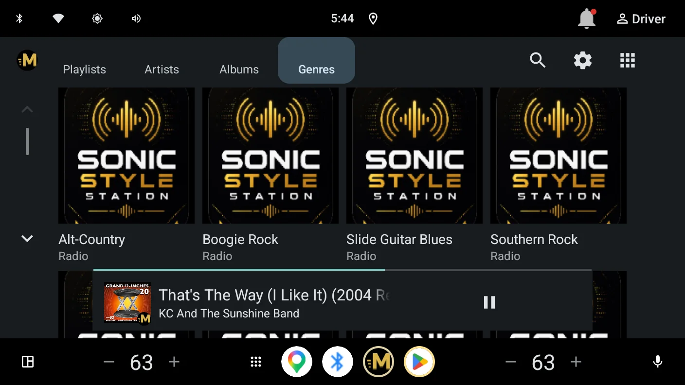 Sonic Style Station tiles in the Genres view: Alt-Country, Boogie Rock, Slide Guitar Blues, Southern Rock
