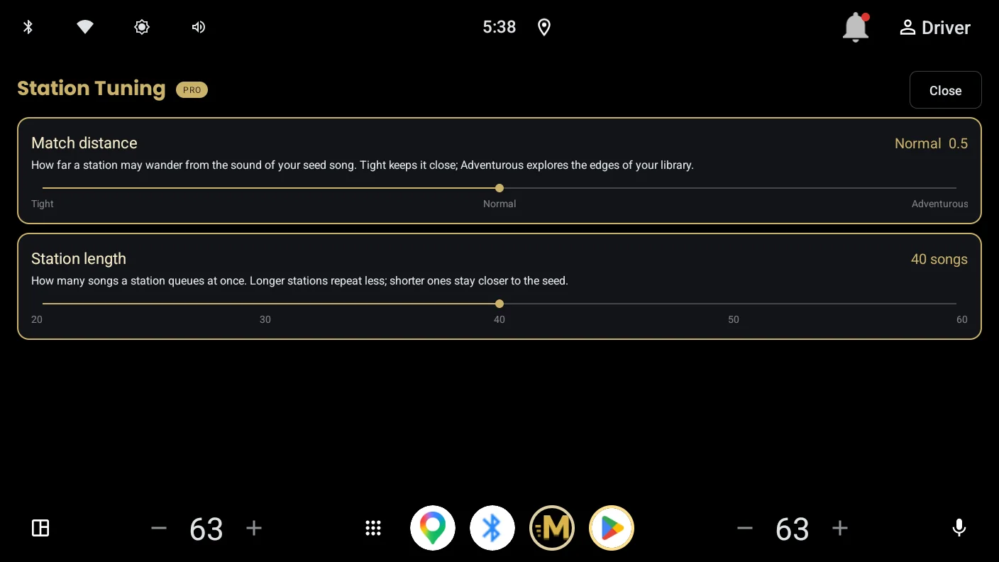 Station Tuning settings: match distance and station length sliders